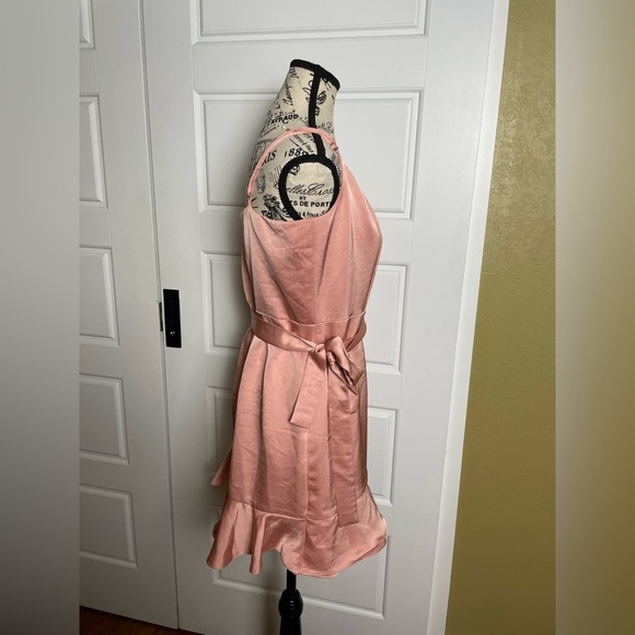 Lulu’s Glamourous Lifestyle Blush Pink Satin Faux-Wrap Mini Dress - Picture 8 of 11
